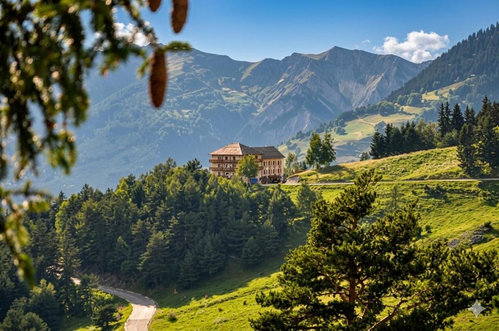 L'Hôtel Belvédère entouré de sapins sur la route du col du Petit-Saint-Bernard à Séez